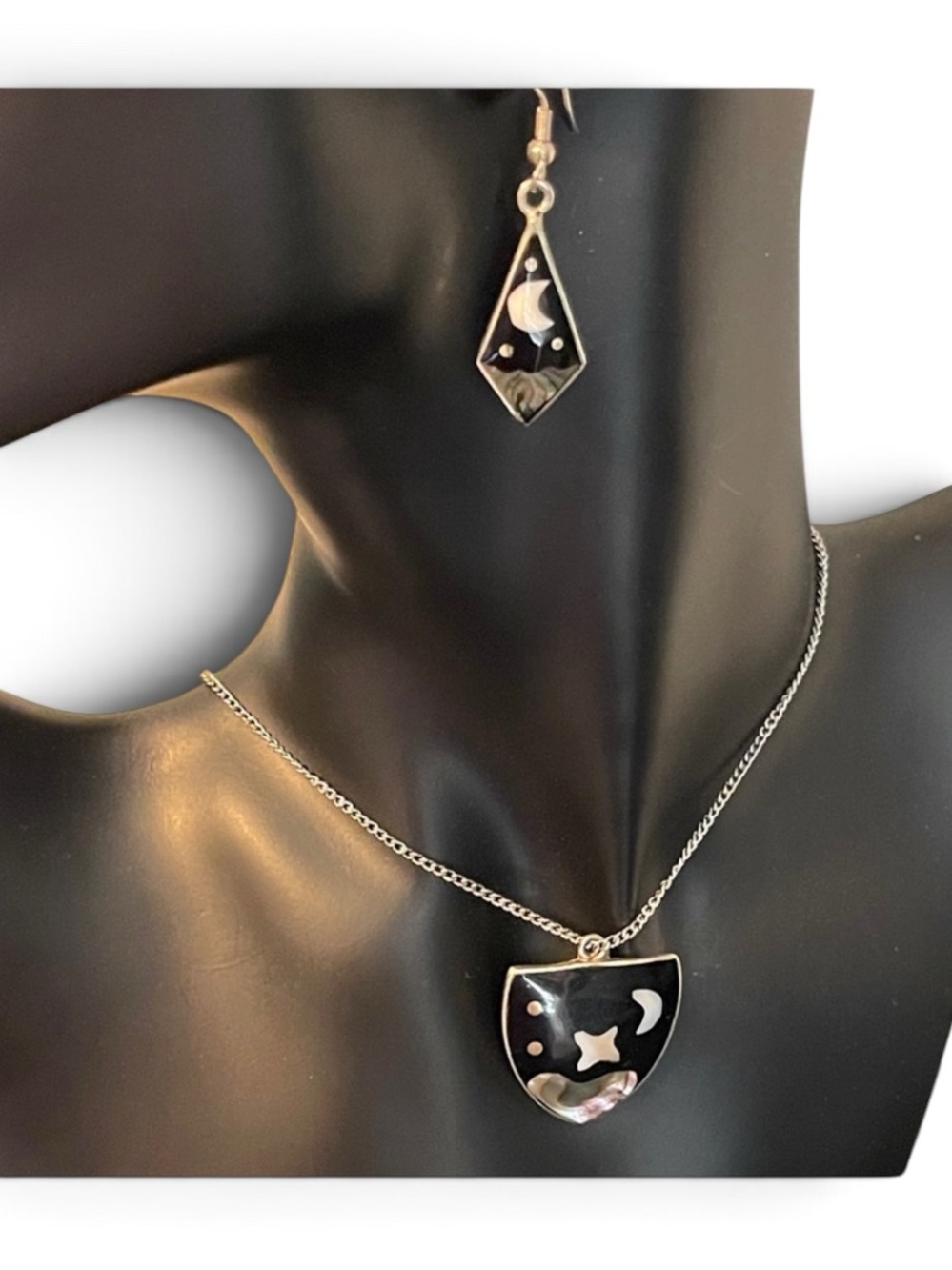 Vintage Alpaca Silver Abalone Shell & Onyx Celestial Themed Jewelry Set